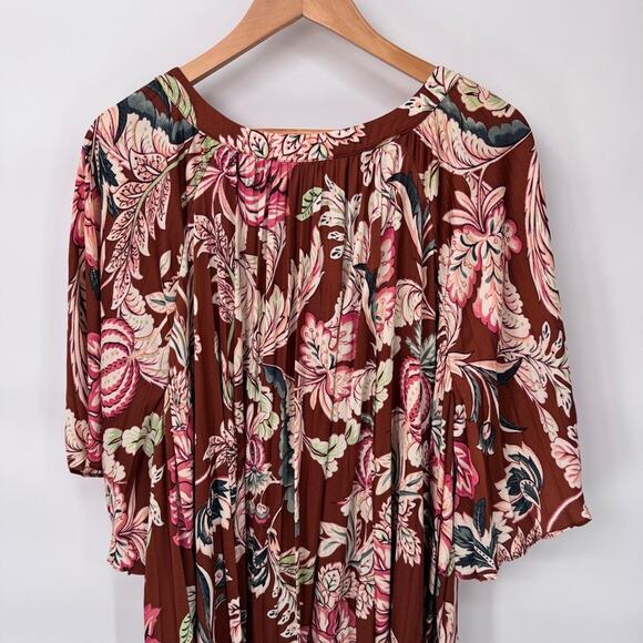by Anthropologie Leandra Pleated Midi Dress XL Brown Floral Polyester Lined - Picture 6 of 11